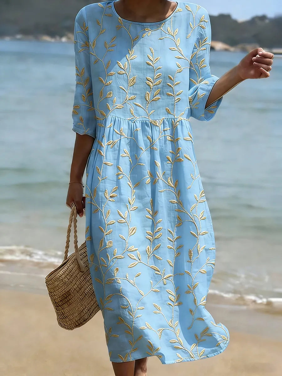 Natalie | Plant & Flower Print Round Neck Midi Dress