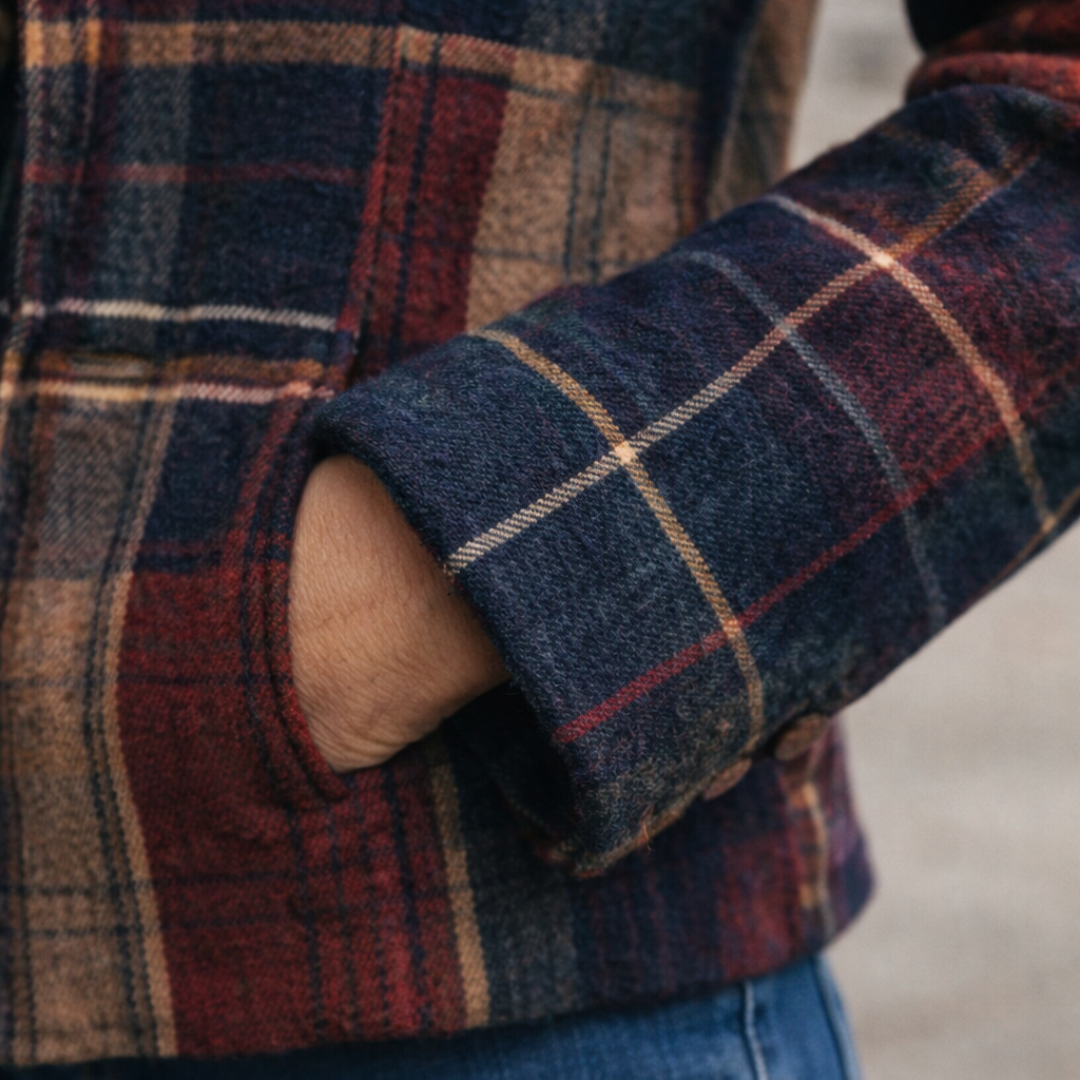 Natalie – Mid-Season Plaid Coat Featuring a Stand Collar