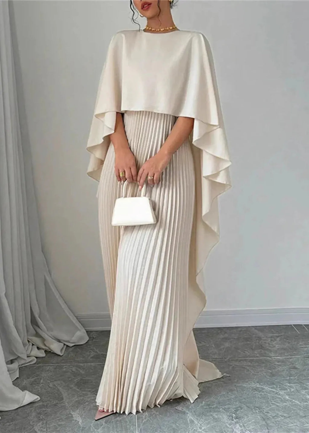 Amelia | Women’s Pleated Cape Overlay Maxi Dress