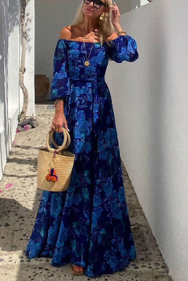 Luna™ | Long Floral Print Dress with Off-the-Shoulder Sleeves